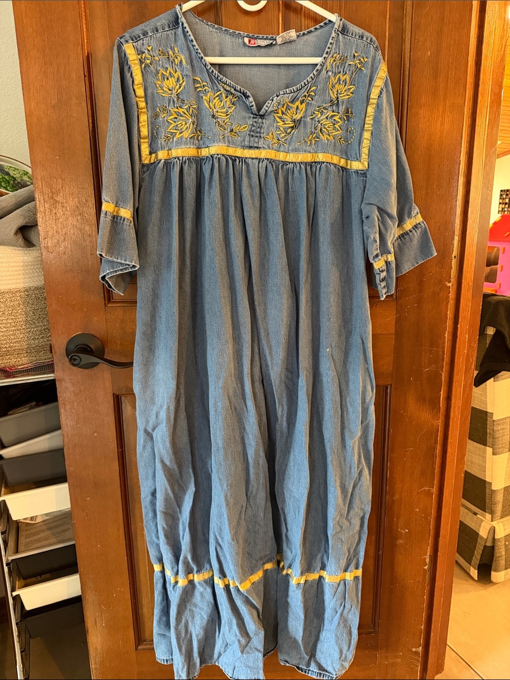 Vintage Embroidered Woman Within Denim Maxi Dress with Gold Trim